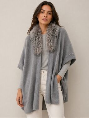 Sz XS Saks Fifth Avenue Gray Fox Fur Collar Cashmere Shrug w/Dolman Sleeves